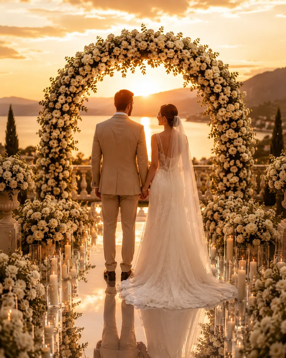 Casal de noivos de mãos dadas ao pôr do sol sob arco de flores